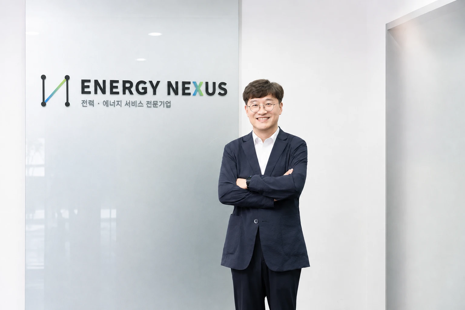 ㈜에너지넥서스 사무실 로고 앞에 선 김형중 대표이사